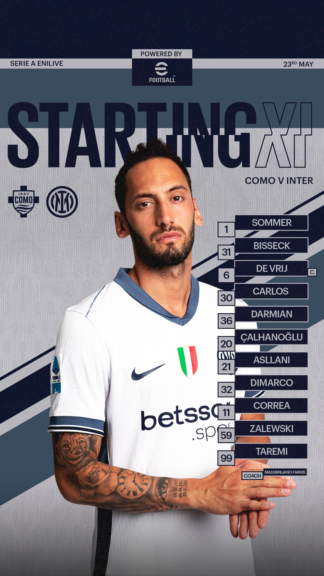 国际米兰客战科莫首发：恰球王、索默领衔，劳塔罗、小图拉姆未首发